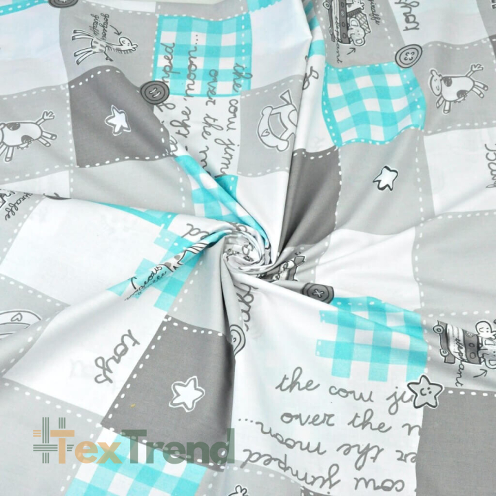 100% Baumwolle - Patchwork Tiere in grau-türkis auf weißem Hintergrund  