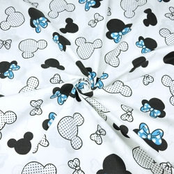 Baumwolle 100% MIKI schwarz-blau mit Schleife auf weißem Hintergrund  