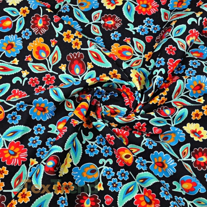 Jersey-Stoff Digitaldruck, Łowicz-Muster auf schwarzem Hintergrund  