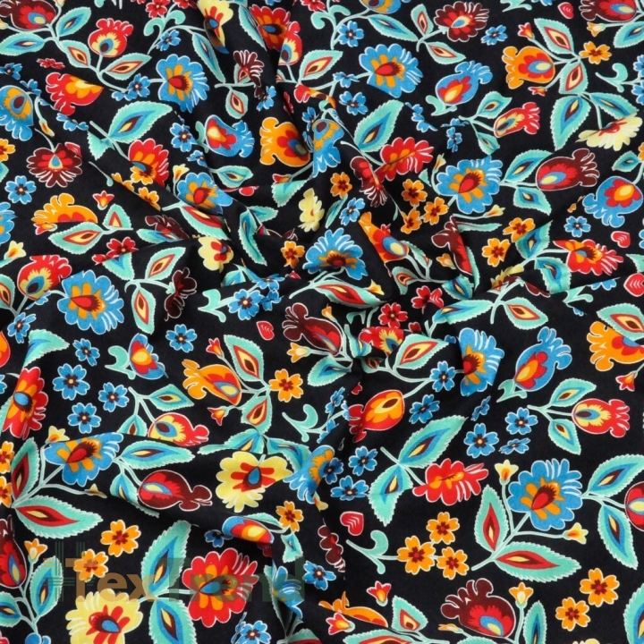 Jersey-Stoff Digitaldruck, Łowicz-Muster auf schwarzem Hintergrund  