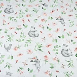 Baumwolle 100% Nilpferde rot-grün mit Vögeln auf einer Wiese auf weißem Hintergrund  