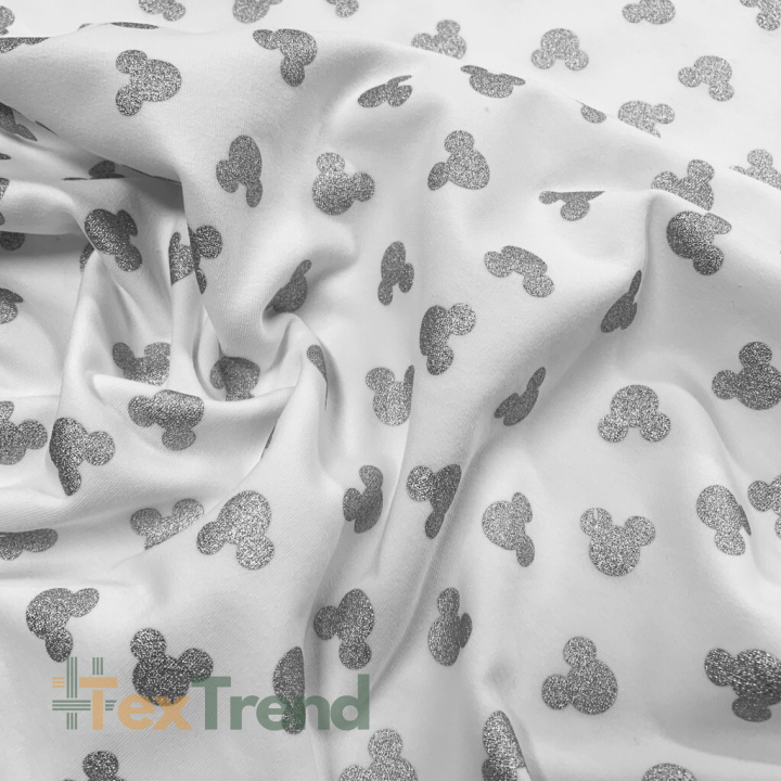 Jersey-Stoff - graue glitzernde Micky Mäuse auf weißem Hintergrund  