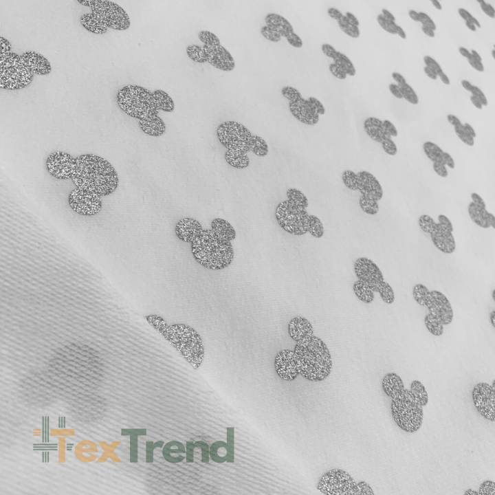 Jersey-Stoff - graue glitzernde Micky Mäuse auf weißem Hintergrund  