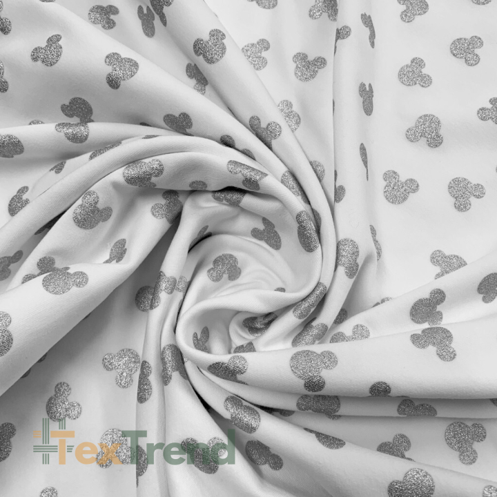 Jersey-Stoff - graue glitzernde Micky Mäuse auf weißem Hintergrund  