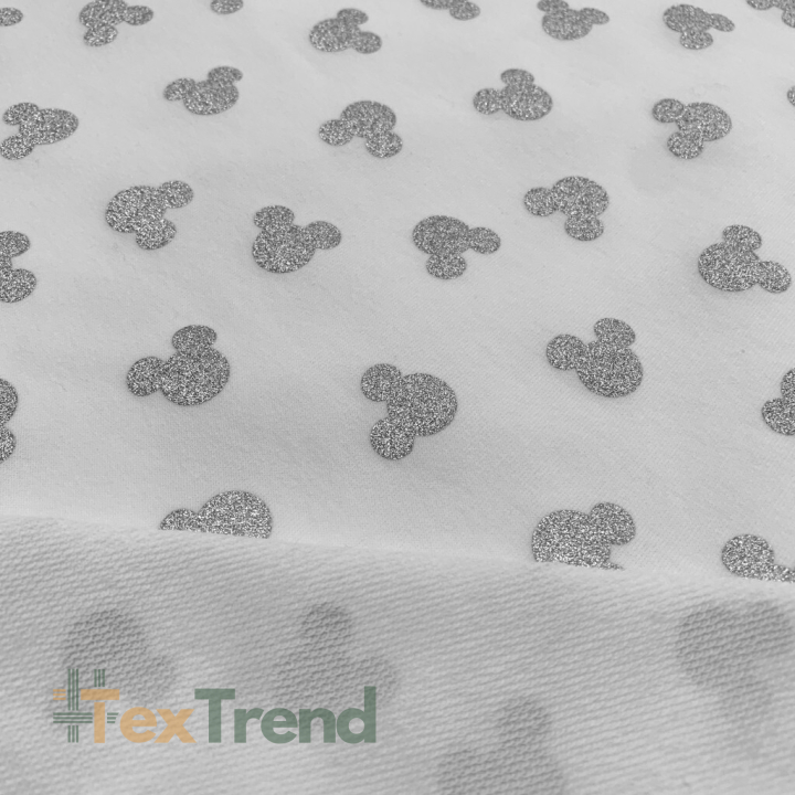 Jersey-Stoff - graue glitzernde Micky Mäuse auf weißem Hintergrund  