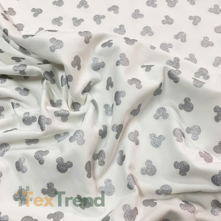 Jersey-Stoff - graue glitzernde Micky Mäuse auf weißem Hintergrund  