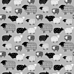 100% Baumwolle, schwarze gezeichnete Schafe auf grauem Hintergrund  