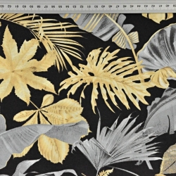 100% Baumwolle - gold-graue Blätter auf schwarzem Hintergrund  
