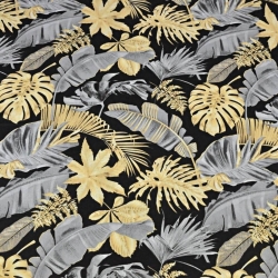 100% Baumwolle - gold-graue Blätter auf schwarzem Hintergrund  