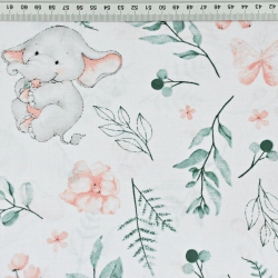 100% Baumwolle - korallenfarbene Elefanten mit Zweigen auf weißem Hintergrund  