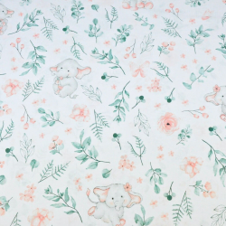 100% Baumwolle - korallenfarbene Elefanten mit Zweigen auf weißem Hintergrund  