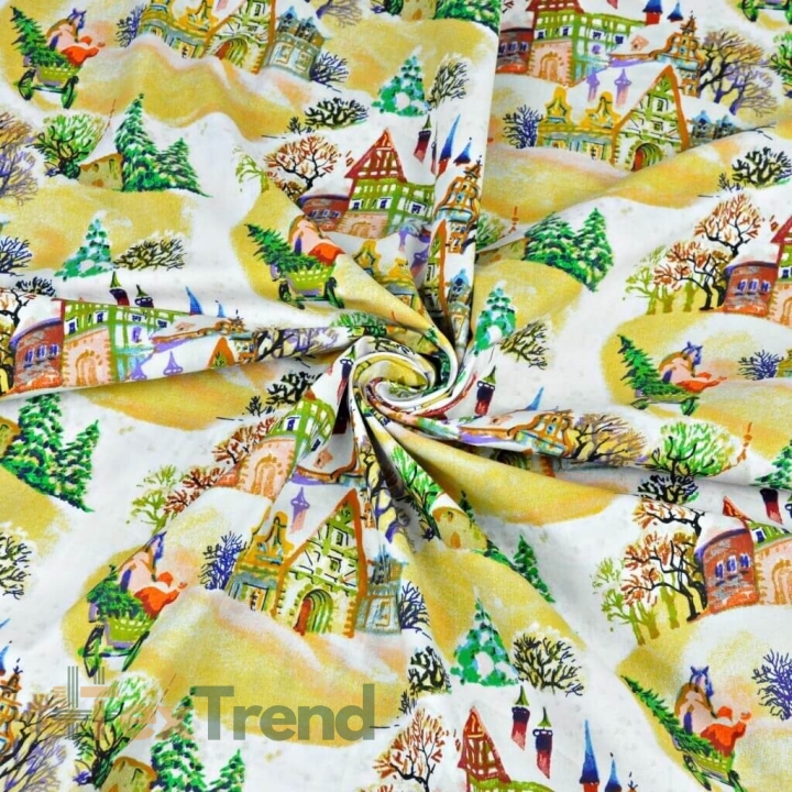 Baumwolle 100% Weihnachtsmuster bunte Häuschen auf weißem Hintergrund  