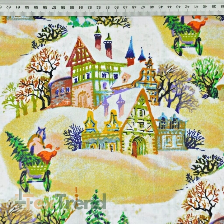 Baumwolle 100% Weihnachtsmuster bunte Häuschen auf weißem Hintergrund  