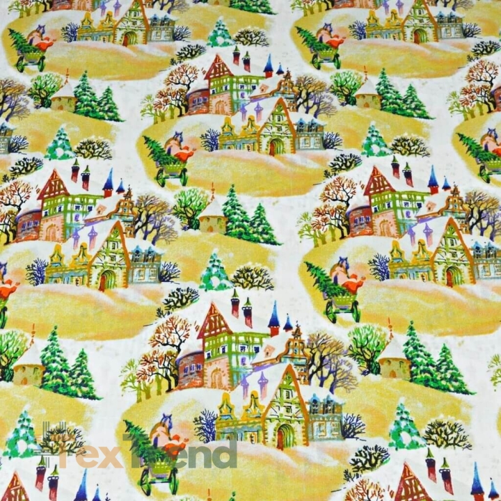 Baumwolle 100% Weihnachtsmuster bunte Häuschen auf weißem Hintergrund  