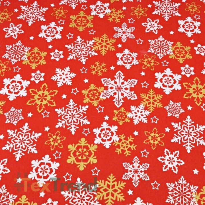 Dekostoff weiß-goldene Schneeflocken auf rotem Hintergrund  