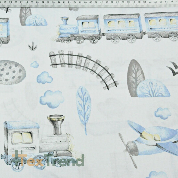 Baumwolle 100% Lokomotive und Flugzeug blau-grau gezeichnet auf weißem Hintergrund  