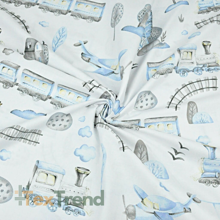 Baumwolle 100% Lokomotive und Flugzeug blau-grau gezeichnet auf weißem Hintergrund  