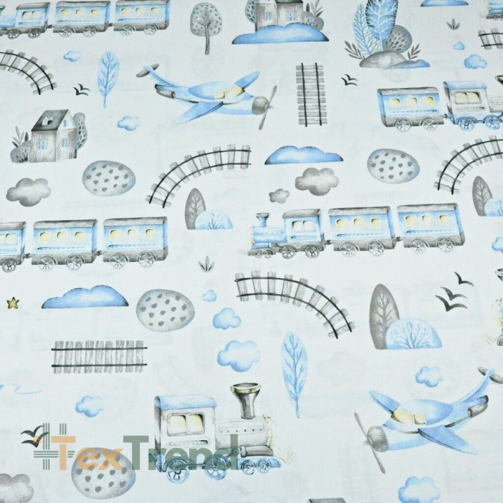 Baumwolle 100% Lokomotive und Flugzeug blau-grau gezeichnet auf weißem Hintergrund  