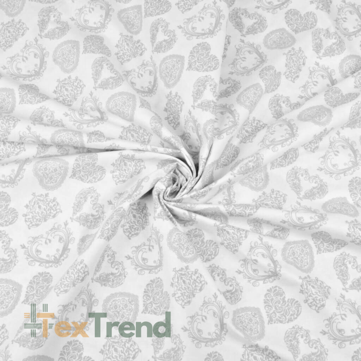 Baumwolle 100% MINI Herzen gemustert grau auf weißem Hintergrund  