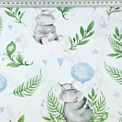 100% Baumwolle - Nilpferde mit blauen Ballons auf weißem Hintergrund  