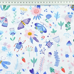 Baumwolle 100% Insekten auf der Wiese blau auf weißem Hintergrund  