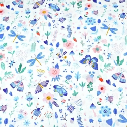 Baumwolle 100% Insekten auf der Wiese blau auf weißem Hintergrund  