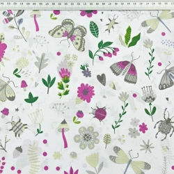 Baumwolle 100% Insekten auf der Wiese lila-grün auf weißem Hintergrund  