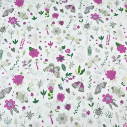 Baumwolle 100% Insekten auf der Wiese lila-grün auf weißem Hintergrund  