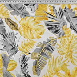 100% Baumwolle - gold-graue Blätter auf weißem Hintergrund  