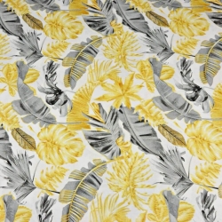 100% Baumwolle - gold-graue Blätter auf weißem Hintergrund  
