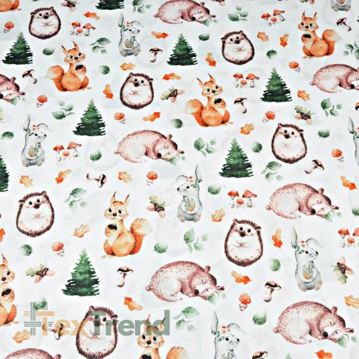 100% Baumwolle - orange-grüne Waldtiere auf weißem Hintergrund  