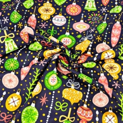 Baumwolle 100% Weihnachtsmuster bunte Kugeln auf dunkelblauem Hintergrund  