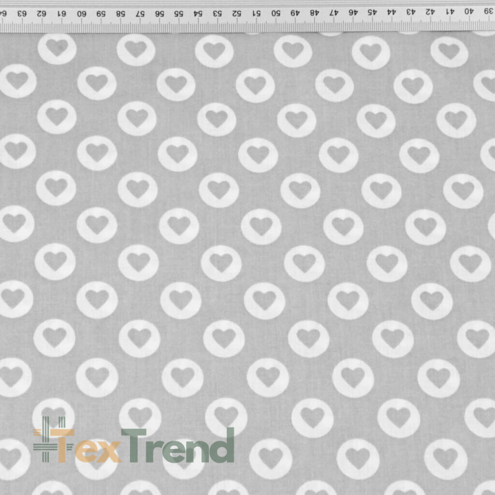 Baumwolle 100% MINI Herzen in Kreisen weiß auf grauem Hintergrund  