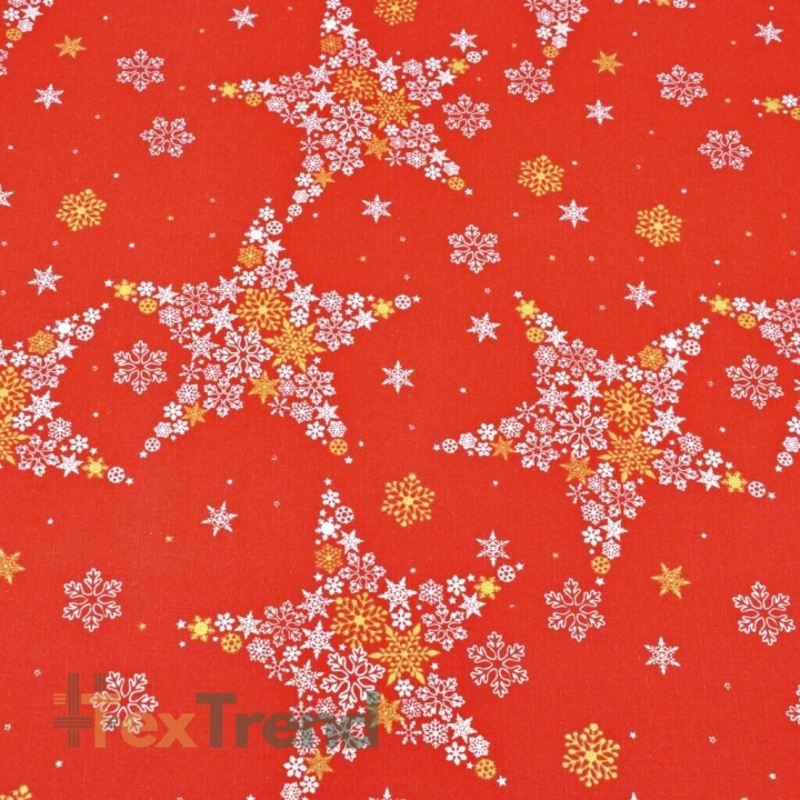 Dekostoff weiß-goldene Sterne in Schneeflocken auf rotem Hintergrund  