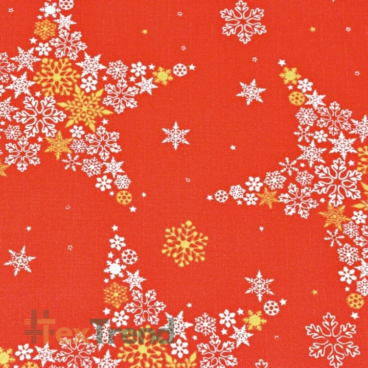 Dekostoff weiß-goldene Sterne in Schneeflocken auf rotem Hintergrund  