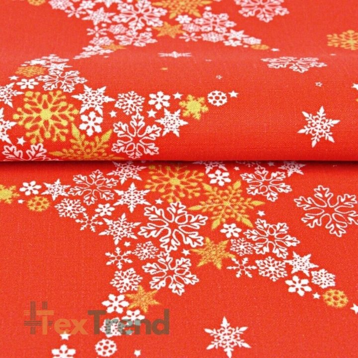 Dekostoff weiß-goldene Sterne in Schneeflocken auf rotem Hintergrund  