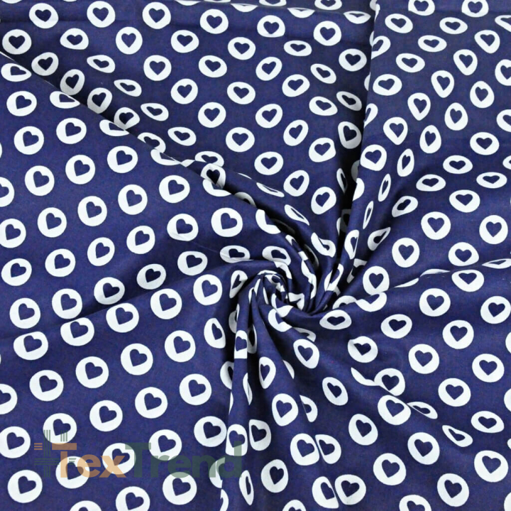 Baumwolle 100% MINI Herzen in Kreisen weiß auf dunkelblauem Hintergrund  