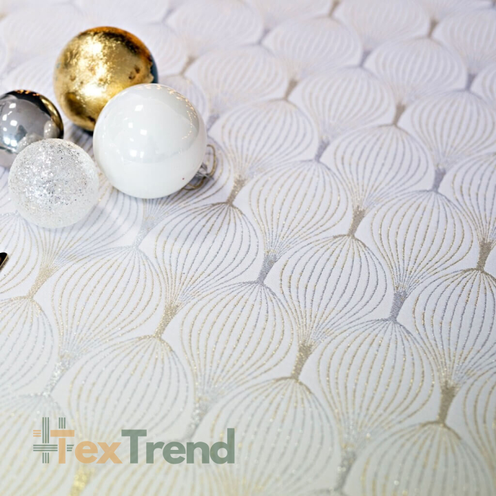 Dekostoff mit metallisiertem Faden - gold-silberne Kreisel auf weißem Hintergrund  