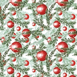 Baumwolle 100% Weihnachtsmuster rote Weihnachtsbaumkugeln mit Zweigen auf weißem Hintergrund  