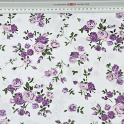 Baumwolle 100% Blumen Zweige von Rosen lila auf weißem Hintergrund  