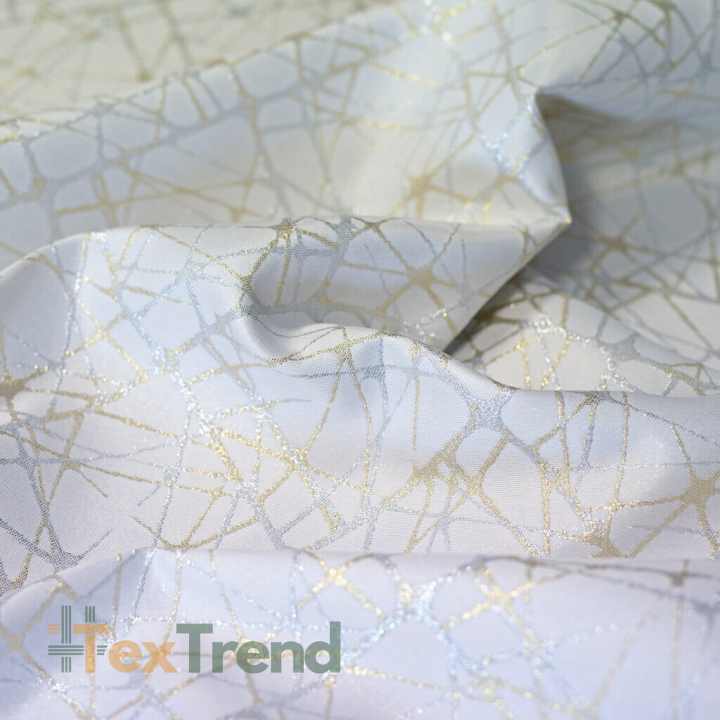 Dekostoff mit metallisiertem Faden - gold-silberne Streifen auf weißem Hintergrund  