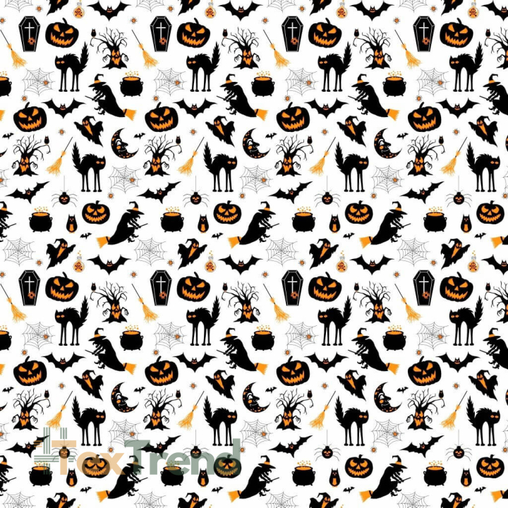 100% Baumwolle - Halloween-Muster schwarz-orange auf weißem Hintergrund  