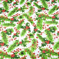 Baumwolle 100% Weihnachtsmuster Stechpalme rot-grün auf weißem Hintergrund  