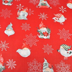 Baumwolle 100% Weihnachtsmuster Wichtel mit silbernen Schneeflocken auf rotem Hintergrund  