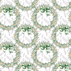 Baumwolle 100% Weihnachtsmuster Kränze gold-grün auf weißem Hintergrund  