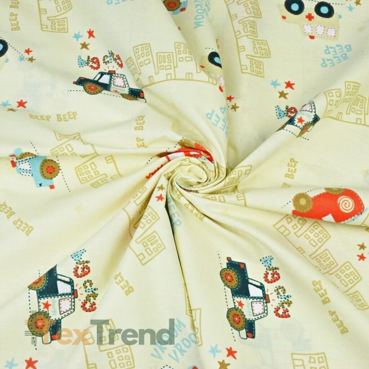 100% Baumwolle - Polizei und Feuerwehr auf beigem Hintergrund  