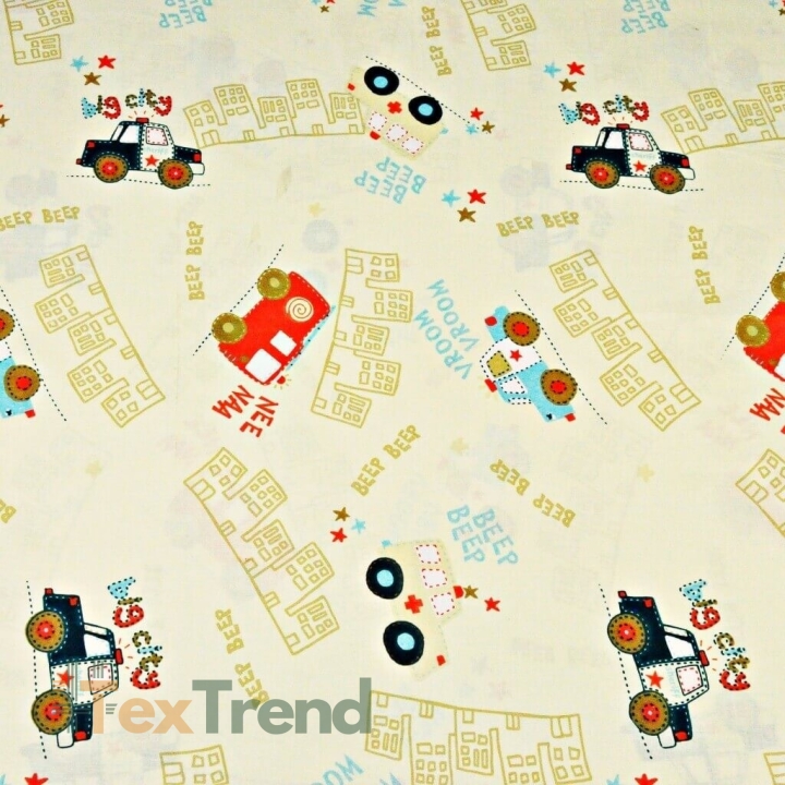 100% Baumwolle - Polizei und Feuerwehr auf beigem Hintergrund  