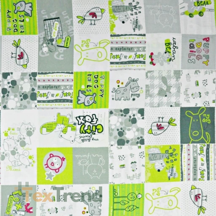 100% Baumwolle - Patchwork Tiere in grün-grau auf weißem Hintergrund  