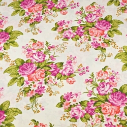 Baumwolle 100% Blumen fuchsia und rote Rosen auf ecrufarbenem Hintergrund  