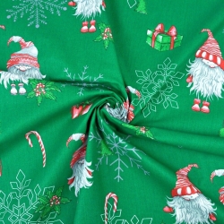 Baumwolle 100% Weihnachtsmuster Wichtel im Paar mit Schneeflocken auf grünem Hintergrund  